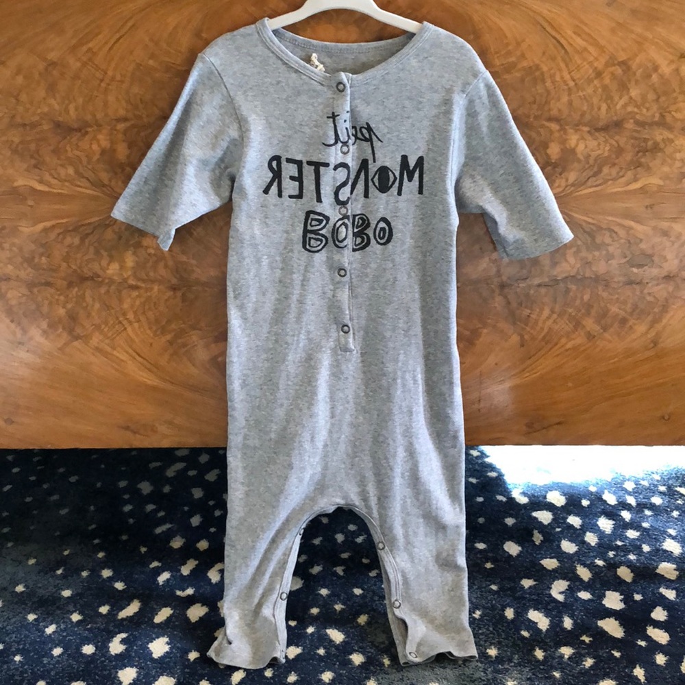 Bobo Choses Romper, grey button up. Size 24months